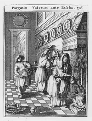 lavar Household o navio antes da Páscoa (limpeza vasos antes da Páscoa), a partir de uma "Lite hebraico-misturado &39;por Knebelii, Pub. UTRECHT, 1699 (gravura)