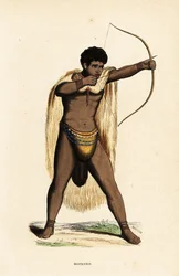 Homem Khoikhoi em capa de pele animal, tanga frisada, com arco e flecha