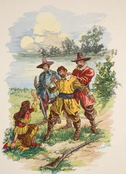 Ele foi agarrado pela parte de trás do colarinho, ilustração de "Pocahontas: A Princesa dos Bosques", de Edward S. Ellis, pub. McLoughlin Brothers, Nova York, c.1912