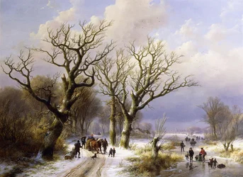 Uma paisagem de inverno arborizada com figuras, 1863