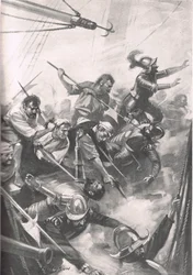 Os ingleses repelindo os espanhóis em San Juan de Ulua, ilustração de "Batalhas britânicas na terra e no mar", publicado por Cassell, Londres, c.1915
