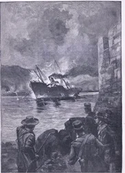 A Guerra Espanhola Americana: O naufrágio do Merrimac, ilustração deCassells História da Inglaterra, de 1900
