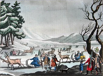 Tungus deixando seu acampamento de inverno em trenós puxados por renas, c.1820 (gravura colorida)