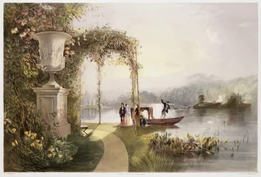 O Lago, Trentham Hall Gardens, de "Os Jardins da Inglaterra", publicado em 1857 (cromolito)