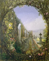 A janela Trellis, Trentham Hall Gardens, de &39;Jardins da Inglaterra&39;, publicado em 1857
