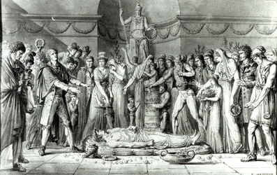 O funeral de Jean Paul Marat (1743-93) na capela do Clube dos Cordeliers, 16 de julho de 1793, c.1793 (caneta e tinta sobre papel) (foto bw)