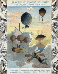 Aerostação - Projeto de barco voador de Pierre de Lana - Avião voador de Besnier (1678) - Balão - Balão - Balão de navio aéreo - ilustração de E Letellier - Proteger caderno histórico, final do século XIX