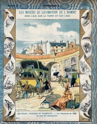Diligence en 1840 - la cour des messageries - Stagecoach in 1840 - De uma manga protectora para livros escolares, finais do século XIX - ilustração de E. Letellier - História da protecção de cadernos, fin do século XIX -