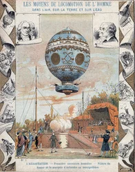 Primeiro voo gratuito tripulado de balão, Pilatre de Rozier e o Marquês de Arlandes, 21 de Novembro de 1783, em Montgolfier (ar quente) balão do Bois de Boulogne, Paris, França - De uma manga protectora para livros escolares, finais do século XIX - Primeir