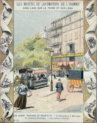 La Canebiere em Marselha - o bonde elétrico - os carros recuperam - ilustração de E Letellier - Proteger caderno histórico, final do século XIX