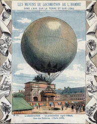 Operação de inflação e equipamento do balão cativo de Henry Giffard para as Tuileries em Paris 1878 - de uma manga protectora para livros escolares, finais do século XIX - ilustração de E Letellier - exposição universelle de 1878 em Paris: inflação de