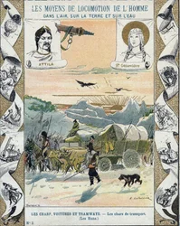 Tanques de transporte - Os Hunos de Átila (ca. 395-453) - Invasões bárbaras - ilustração de E Letellier - Protege caderno histórico, final do século XIX -