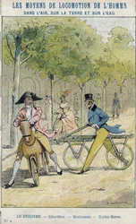 Velocipedes - celerifere inglês - Draisienne, ancestral da bicicleta - De uma manga protectora para livros escolares, final do século XIX - ilustração de E Letellier - Celerifere - Draisienne - Hobby-Horse (Cavalo Nobre) - Proteger a história dos cadernos,