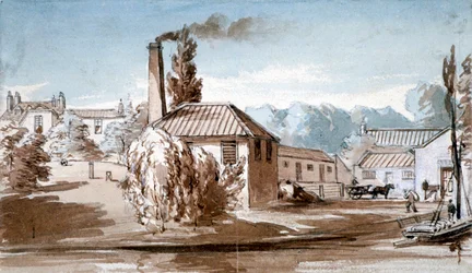 Vista de Stephenson e Giles Starch Works em Old Ford, Bow, Londres, c1830.