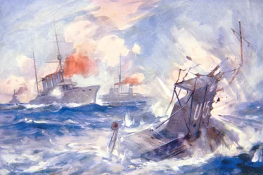 The Sinking of the German Submarine U15 by HMS Birmingham (cor litho)