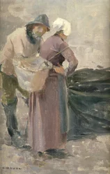 A dona de casa olhando para o pescador pegar, c.1900