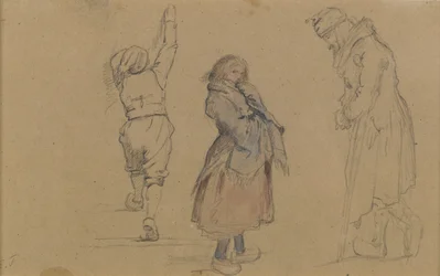Três figuras holandesas, c.1852 (grafite, wc e giz branco sobre papel pardo)