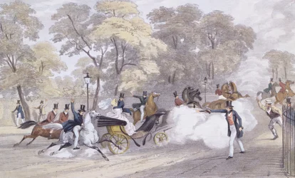 Tentativa de Edward Oxford de assassinar a rainha Vitória e o príncipe Alberto em Constitution Hill, na noite de quarta-feira, 10 de junho, gravado por J. R. Jobbins