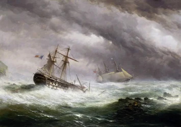 O HMS "Endymion" a salvar um navio francês apanhado na tempestade em 1803. Óleo sobre tela, cerca de 1850-1855, de Ebenezer Colls (1812-1887).
