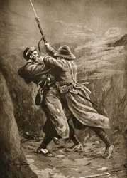 Lavin privado lutando com um bombardeiro turco em uma seiva britânico na Baía de Suvla, Gallipoli