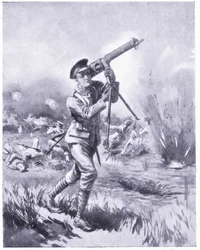 Private Lynn carregando uma metralhadora para conserto sob fogo pesado na Batalha de Aisne. Concedido o DCM 1915