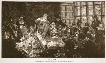 Puritanos, ilustração de "A Igreja da Inglaterra: uma história para o povo" por HDM Spence-Jones, pub. c.1910 (foto sépia)