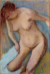Depois do banho: mulher nua a limpar a coxa direita. Pastel, 1866, 72 x 49 cm, Roma, Galleria d