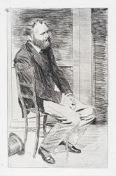 Manet sentado, virado para a direita