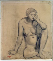 Mulher nua sentada, estudo para «Cena de guerra na Idade Média», desenho, dimensões 0,27 x 0,31 m, Paris, Museu do Louvre