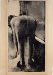 Mulher nua a molhar os pés junto à banheira. Monotipo a tinta preta de Edgar Degas (1834-1917), 1879-1883. 0,45 x 0,23 m, Paris, Museu do Louvre
