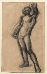 Homem nu em pé, com a mão esquerda levantada, c. 1900.