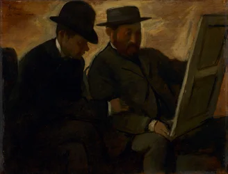 Paul Lafond e Alphonse Cherfils examinando uma pintura, c.1878-1880