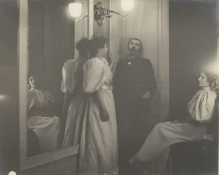 Retrato no espelho de Henry Lerolle e das suas duas filhas, Yvonne e Christine