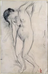 Estudo da mulher nua de pé para "cena de guere au middle age". Desenho de Edgar Degas (1834-1917), cerca de 1863-1865). Dim: 0,35 X 0,22m. Paris, Musee d