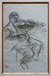 O violinista. 1879. Destaques de carvão vegetal e giz branco em papel azul-cinza. Boston, Museum of Fine Arts, William Francis Warden Fund.