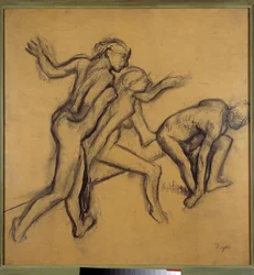 Três bailarinas nuas. Desenho a giz e carvão de Edgar Degas (1834-1917), cerca de 1900. Dimensões: 0,89 x 0,88 m, Paris, Museu do Louvre