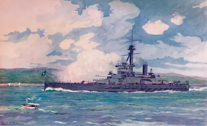 A Superdreadnought brasileira Minas Geraes se aproximando do Rio, 1914