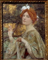 Uma jovem ruiva segurando um cigarro na mão e usando uma orquídea no cabelo