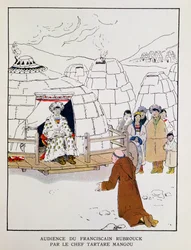 Guilherme de Rubruck (c. 1200-c. 1256) perante o chefe tártaro Möngke em 1251, de «A la Conquete du Monde Paien», de Georges Goyau (1869-1939), 1933