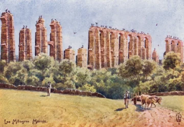 Norte da Espanha: Mérida, "Los Milagros", as ruínas do Grande Aqueduto (lito colorido)