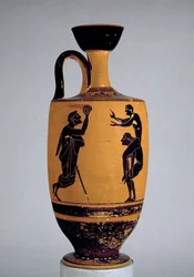 Lekythos áticos de figuras negras decorados com um homem velho jogando uma bola para um jovem, c.500 aC (cerâmica)
