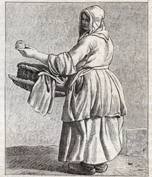 O comerciante de maçãs assadas - Pepetit metier de Paris (Estudos tirados do povo baixo, ou dos Cries de Paris) - gravura de Edme Bouchardon (1698-1762)