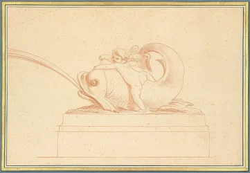 Golfinho jorrando água para a esquerda com um cupido. 1737