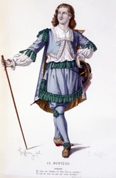 A personagem Dorante na comédia Le Menteur - Full Theatre: (Colecção de peças de Corneille) desenho de Geffroy, gravura de L. Wolff - ed. Laplace, Sanchez et Cie, Paris 1884
