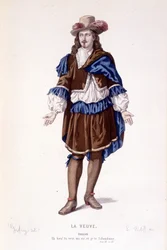 O personagem de Philiste em La veuve ou le traitre traído - Teatro completo: (Colecção de peças de Corneille) desenho de Geffroy, gravura de L. Wolff - ed. Laplace, Sanchez et Cie, Paris 1884