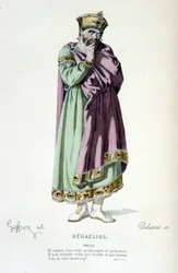 O personagem de Phocas na tragédia de Heraclius - Full Theatre: (Coleção de peças de Corneille) desenho de Geffroy, gravura de Delanoix - ed. Laplace, Sanchez et Cie, Paris 1884