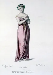 A personagem de Psyche no tragi comedie e ballet Psyche, Moliere et Corneille - Full Theatre: (Colecção de peças de Corneille) desenho de Geffroy, gravura de L. Wolff - ed. Laplace, Sanchez et Cie, Paris 1884