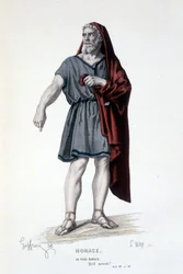 A personagem do velho Horace na tragédia Horace - Full Theatre: (Colecção de peças de Corneille) desenho de Geffroy, gravura de L. Wolff - ed. Laplace, Sanchez et Cie, Paris 1884