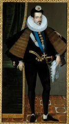 Retrato no pé de Henrique III (1551-1589), Rei de França. Pintura de Pierre Jean Edmond Castan (1817 - 1892), com base numa pintura do século XVI. Óleo sobre tela. Dim: 1,95 x 1,08m. Blois, Musee Communal Du Chateau - Retrato a todo o comprimento de Henriq