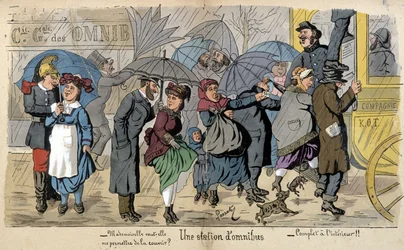 Uma estação omnibus na chuva - desenho humorístico de Lavrate, por volta de 1880